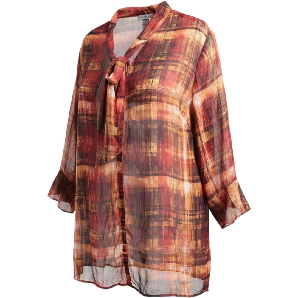 Catherines 3X 26/28W Red Orange Plaid Metallic Tie Neck Sheer Blouse Tunic Fall